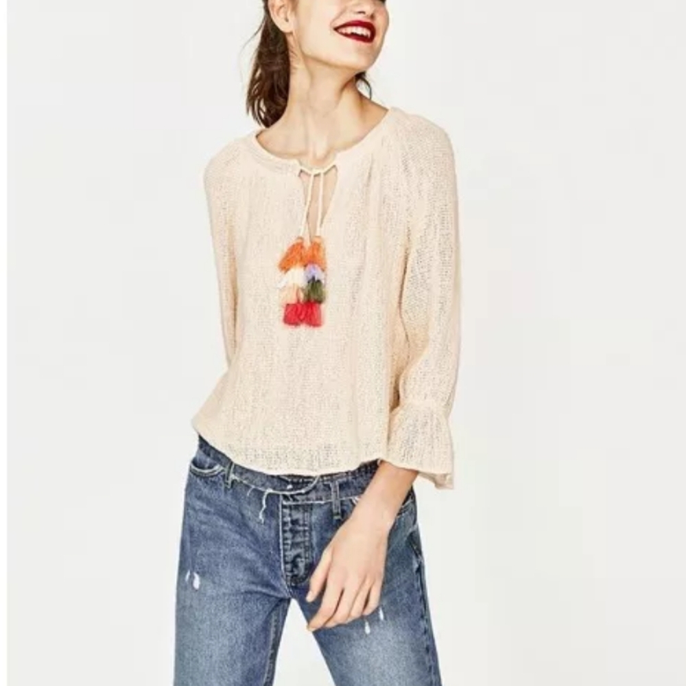 Zara Oatmeal Boho Mesh Knit Split Neck with Tassel Ties Peasant Blouse Size XS